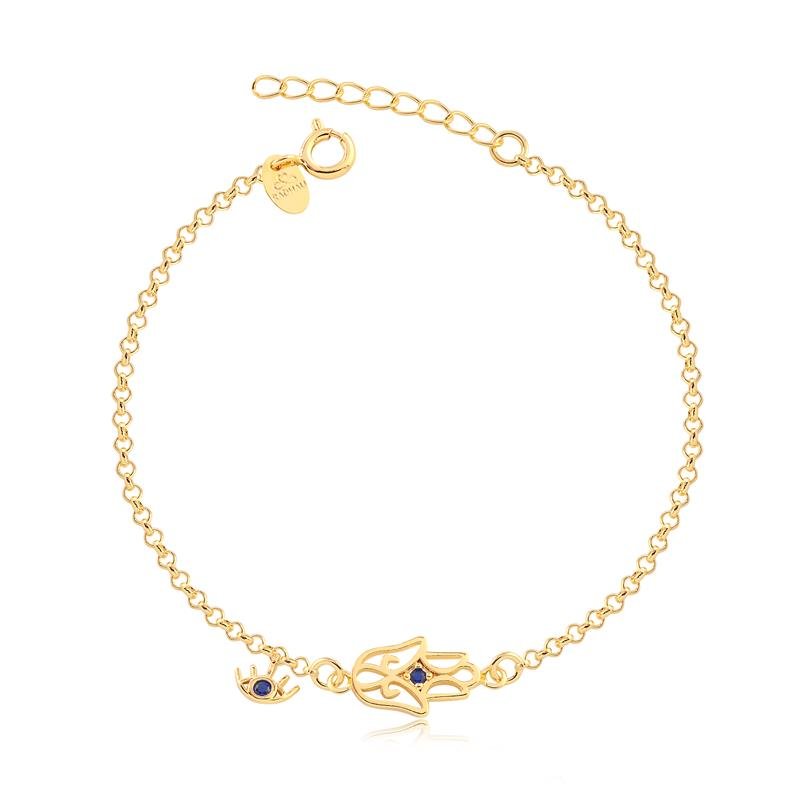 PULSEIRA CORRENTE PORTUGUESA COM MÃO DE FÁTIMA E OLHO GREGO FOLHEADA A OURO 16