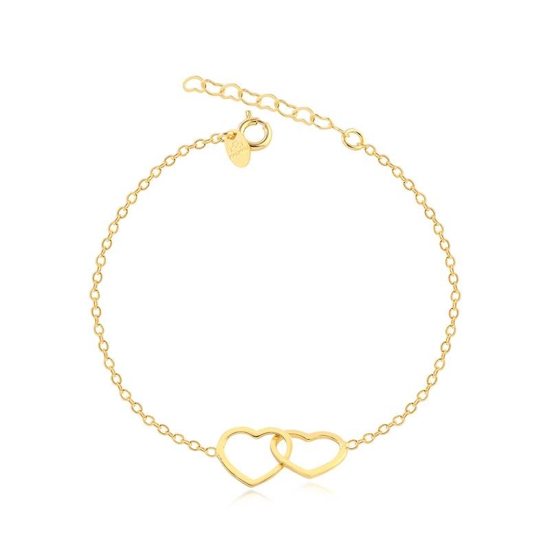 PULSEIRA MALHA GROUMET COM DOIS CORAÇÕES ENTRELAÇADOS FOLHEADA A OURO 16