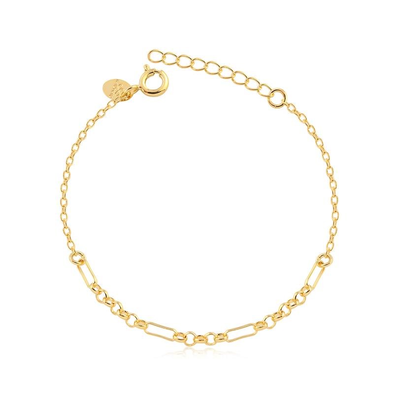 PULSEIRA MALHA GROUMET COM PORTUGUESA E ELOS OVAIS ENTRELAÇADOS FOLHEADA A OURO 16