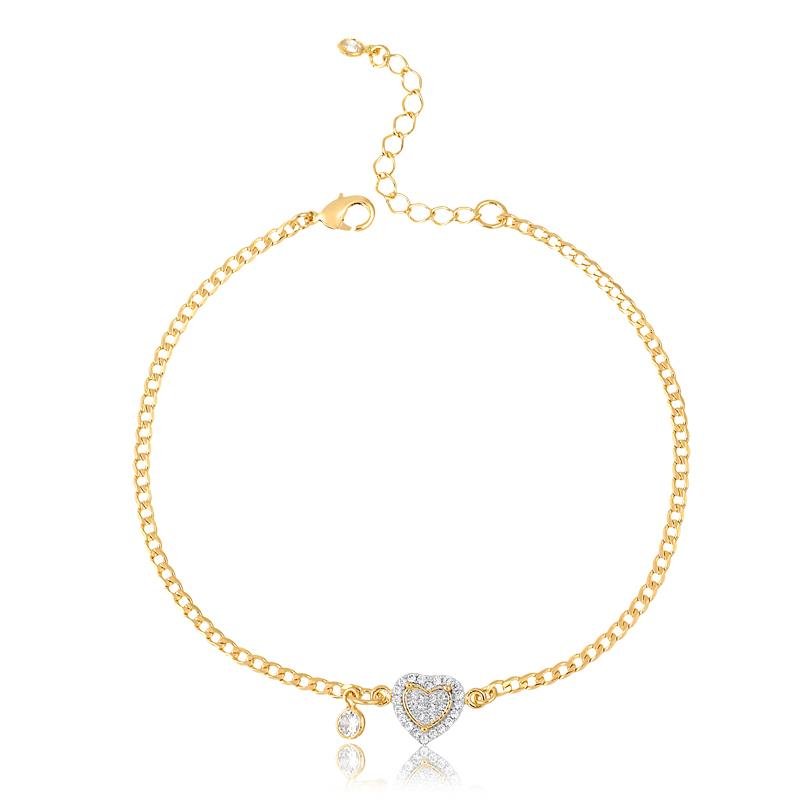 TORNOZELEIRA 24CM COM CORAÇÃO E PONTO DE LUZ MALHA DIAMANTADA FOLHEADA A OURO
