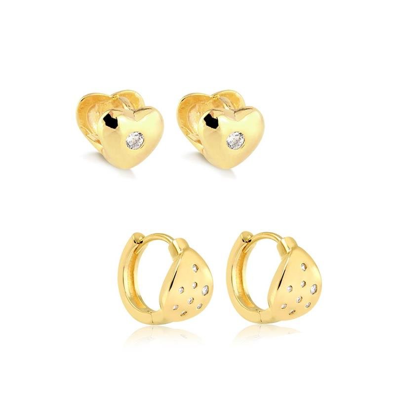 COMBINADO DE BRINCOS DE CLICK COM ZIRCONIAS FOLHEADO A OURO