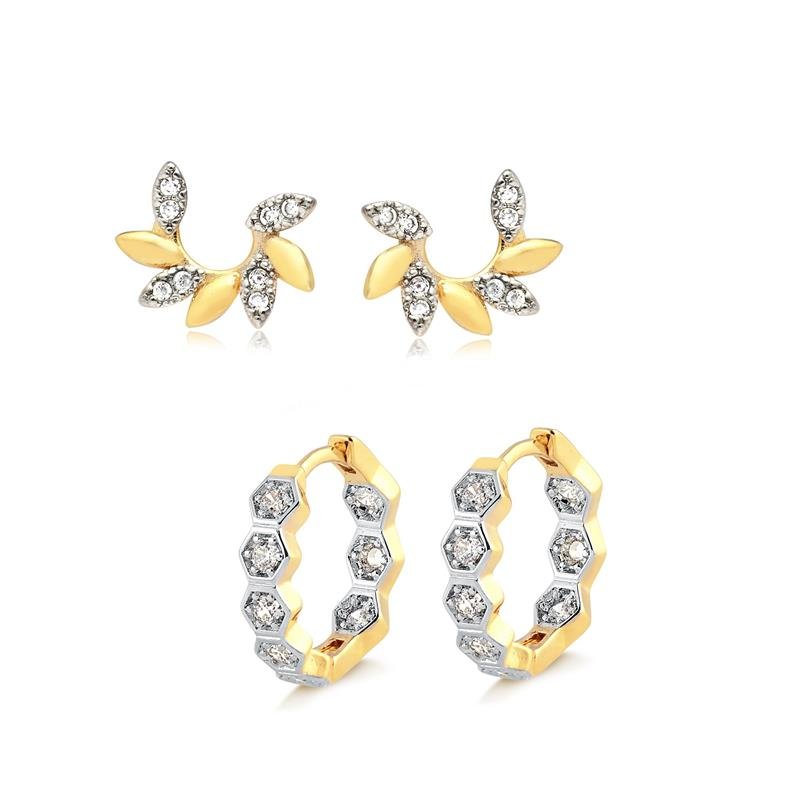 Combinado Brincos Click Folhas Zircônias Folheado A Ouro
