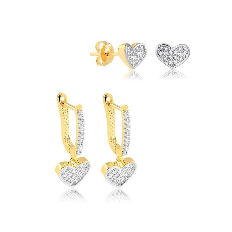 COMBINADO DE BRINCOS DE CLICK E CORAÇÃO COM ZIRCONIAS FOLHEADO A OURO
