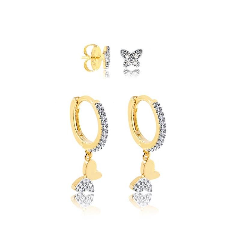 COMBINADO DE BRINCOS DE CLICK E BORBOLETA COM ZIRCONIAS FOLHEADO A OURO
