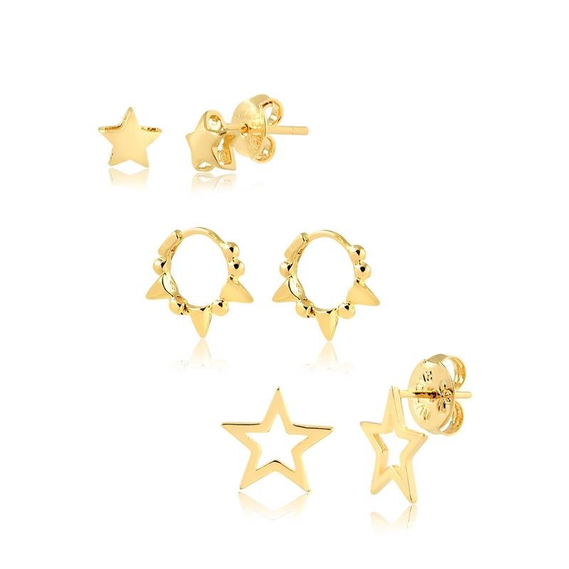 COMBINADO DE BRINCOS DE CLICK E ESTRELA FOLHEADO A OURO