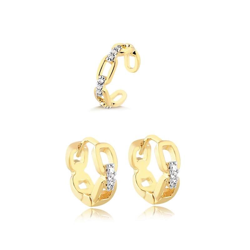 COMBINADO DE BRINCOS DE CLICK DE ELOS E PIERCING COM ZIRCONIAS FOLHEADO A OURO
