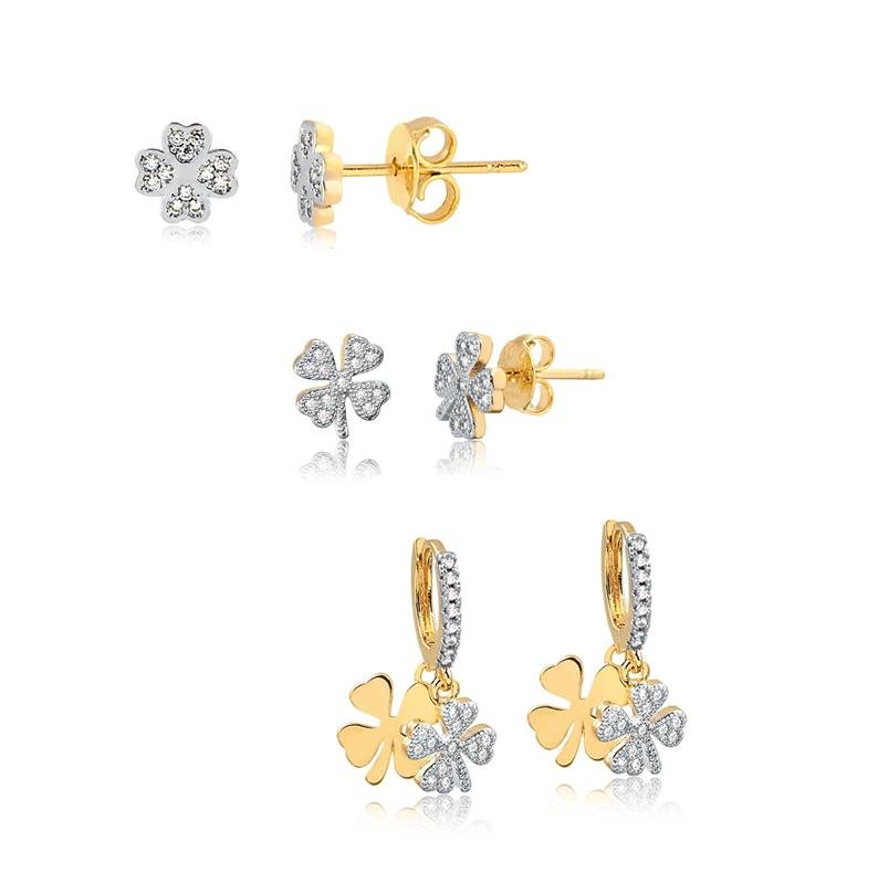 COMBINADO DE BRINCOS DE CLICK DE TREVO COM ZIRCONIAS FOLHEADO A OURO
