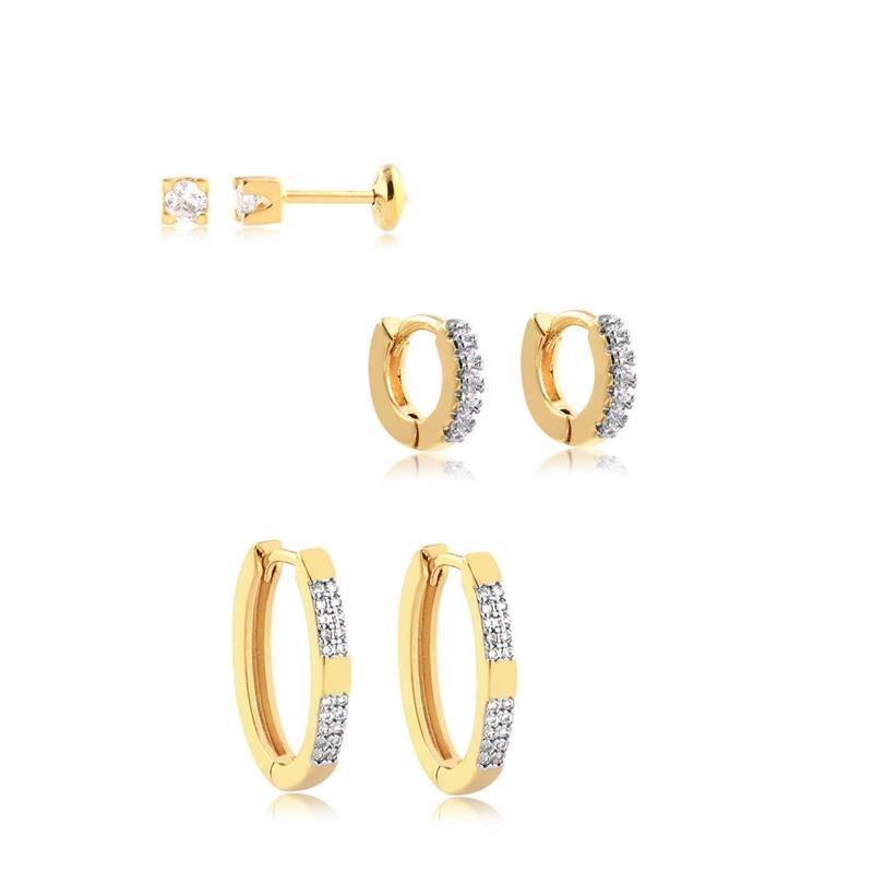 COMBINADO DE BRINCOS DE CLICK E PONTO DE LUZ COM ZIRCONIAS FOLHEADO A OURO