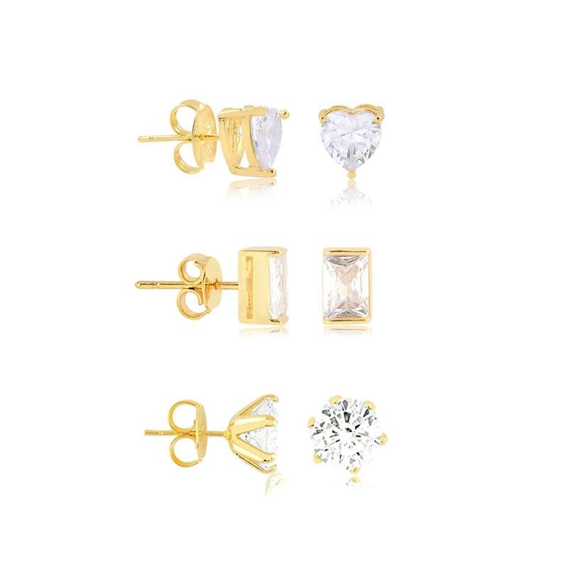 COMBINADO DE BRINCOS DE PONTOS DE LUZ E CORAÇÃO COM ZIRCONIAS FOLHEADO A OURO