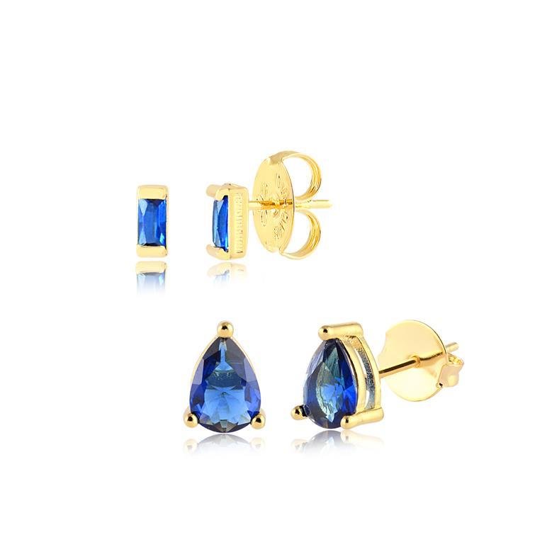 COMBINADO DE BRINCOS DE PONTO DE LUZ E GOTA SAFIRA FOLHEADO A OURO
