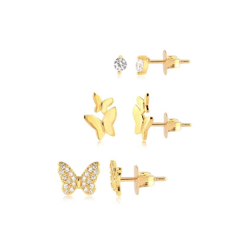 COMBINADO DE BRINCOS DE BORBOLETA COM ZIRCONIAS FOLHEADO A OURO