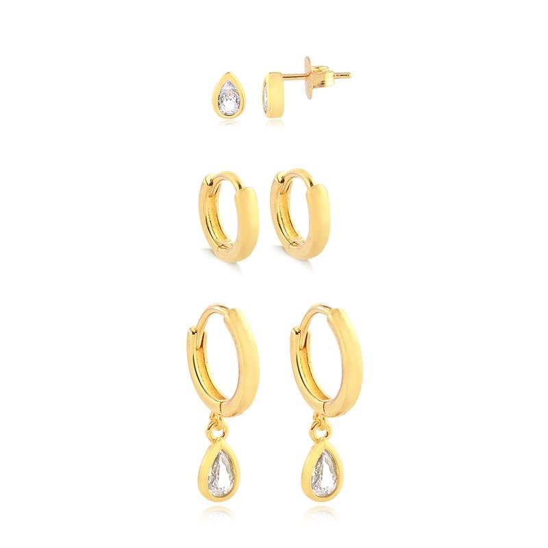 Combinado de Brincos Argolinhas Gota Cristal Folheado A Ouro